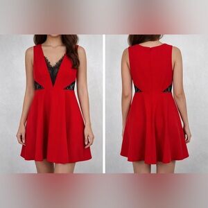 Forever 21 Red V Neck Lace Fit & Flare Dress Size Small